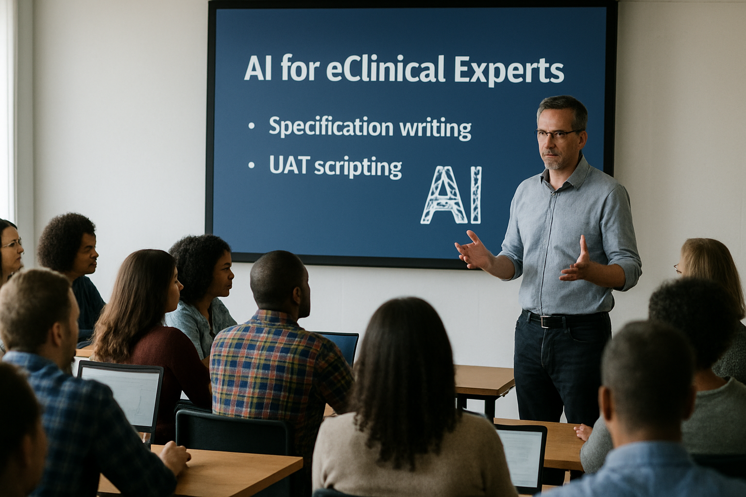 Slightly blured no more than 3pxA technology clinician is running a training session to teach eClinical experts how to use AI in their daily tasks like specification writing and UAT scripting  The clinical is in his mid 40s and the classroom has abou